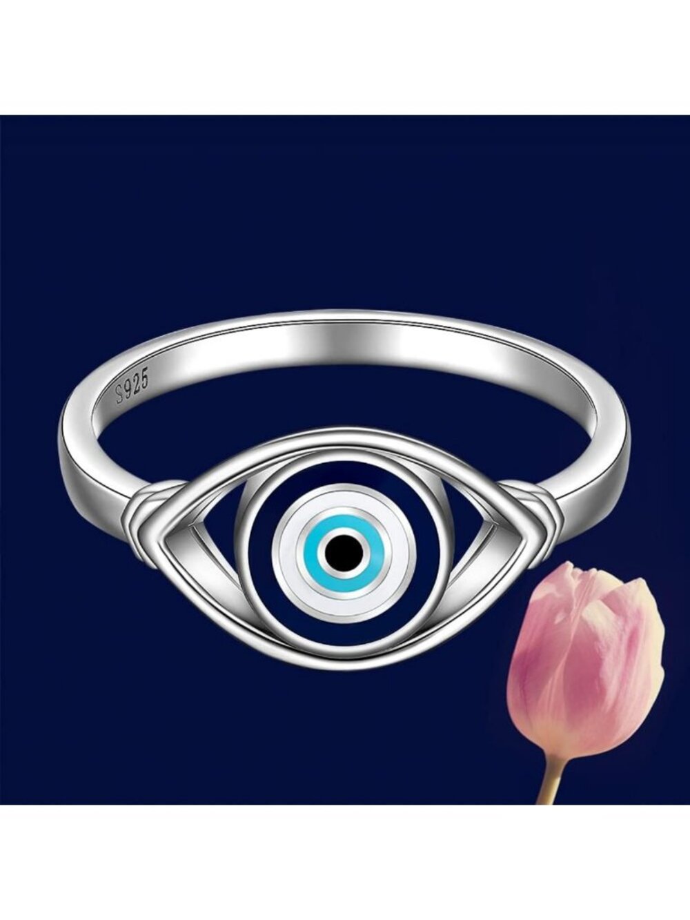 Sterling Silver Evil Eye Ring for Women - Blue Spiritual Turkish Jewelry, Sizes - Picture 5 of 8